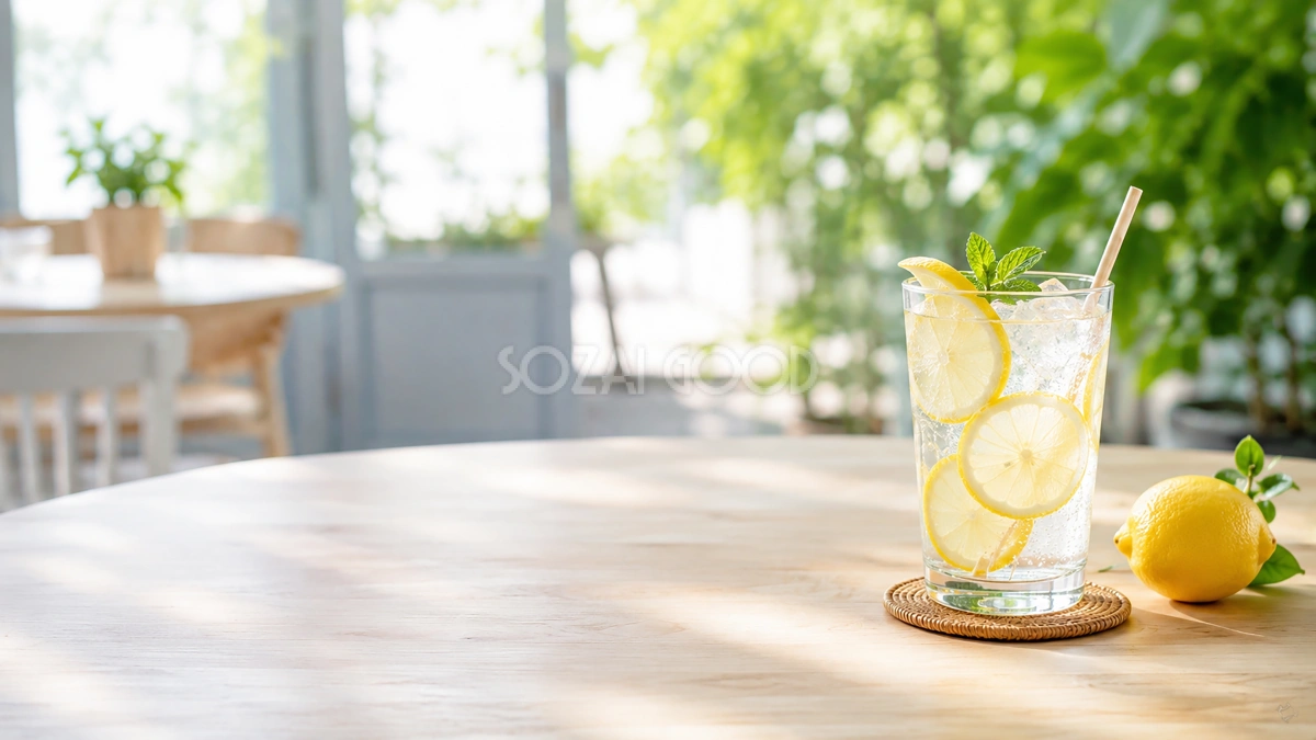 レモンスカッシュのある夏カフェ背景イラスト｜爽やかな無料背景素材【高画質】92888