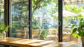 ガラス越しの夏カフェ背景イラスト｜おしゃれな無料背景素材【高画質】92892