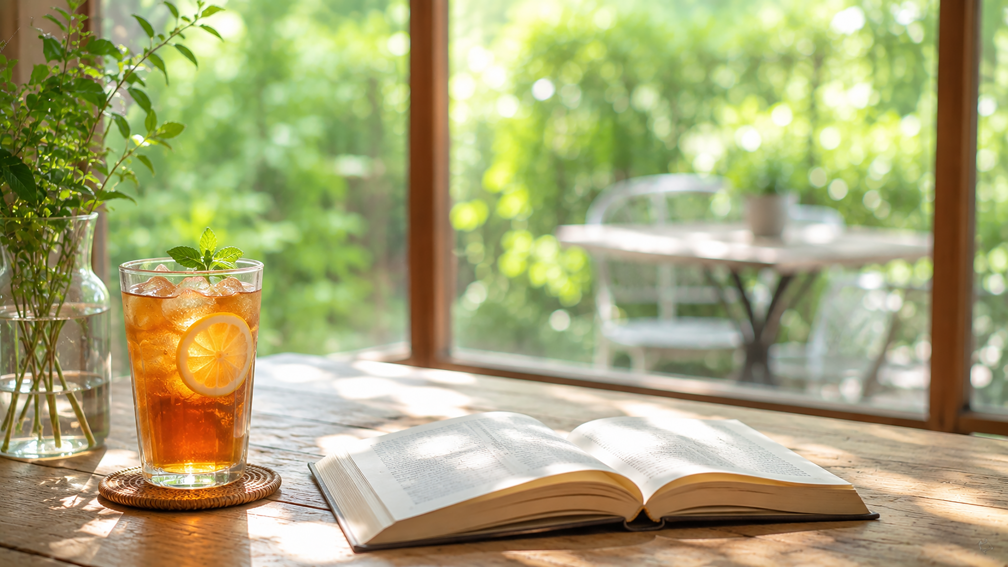 アイスティーと読書のカフェ背景イラスト｜癒やしの無料背景素材【高画質】92893に写真・文字を入れる