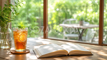 アイスティーと読書のカフェ背景イラスト｜癒やしの無料背景素材【高画質】92893