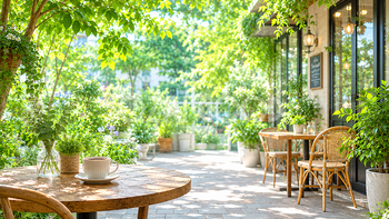 グリーンに囲まれたカフェ背景イラスト｜植物に癒やされる無料背景素材【高画質】92895