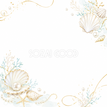 貝殻×パールの夏フレーム｜上品な無料デザイン素材【高画質PNG】92902