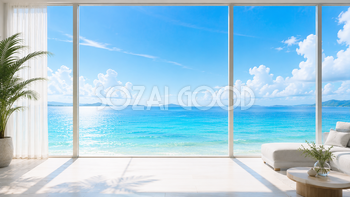 ガラス越しの海背景イラスト｜リゾートホテル風の無料PNG92917