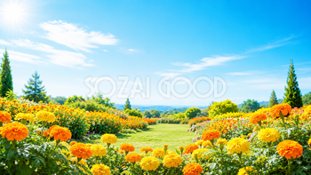 マリーゴールドの夏背景イラスト｜花畑の無料背景素材【高画質PNG】92932