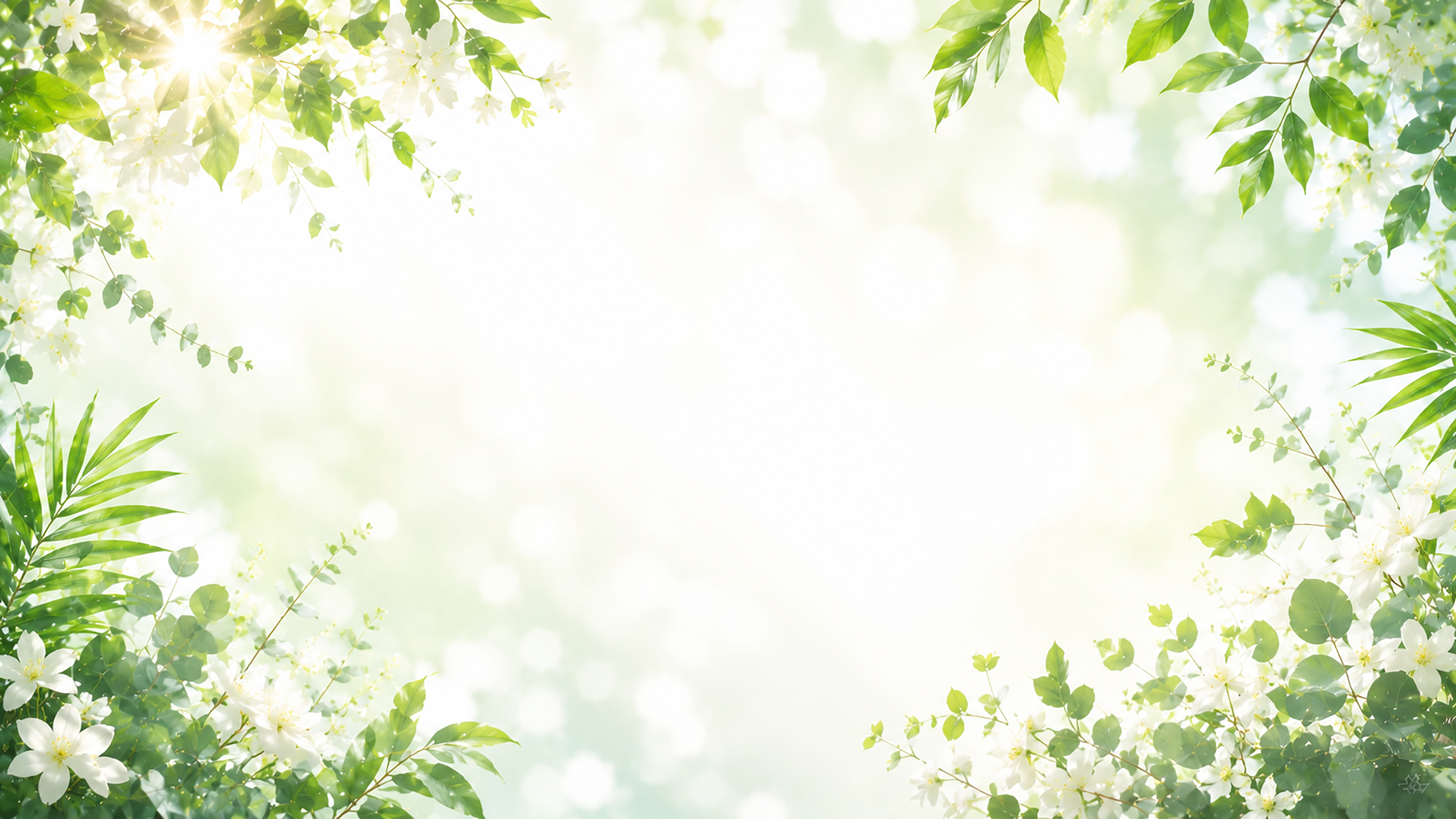 白い花とグリーン背景・フレームイラスト｜爽やかな無料背景素材【高画質PNG】92943に写真・文字を入れる