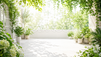 ボタニカルテラス背景・フレームイラスト｜植物に囲まれた無料素材【高画質PNG】92956