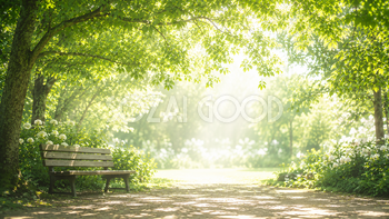 木漏れ日のベンチ背景イラスト｜癒やしの無料自然背景【高画質PNG】92971