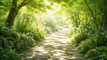 木漏れ日の小道背景イラスト｜石畳の無料自然背景【高画質PNG】92973