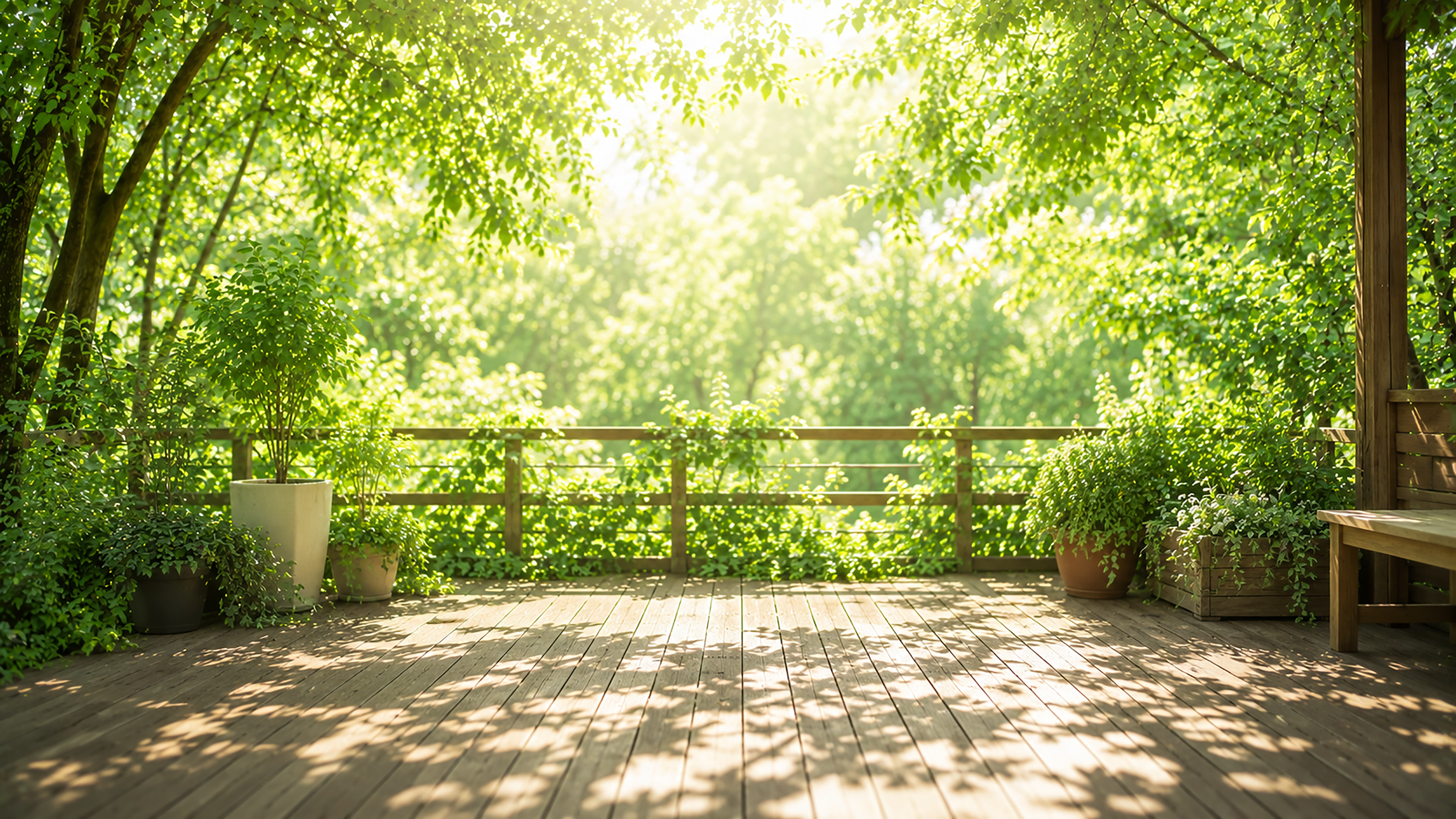 木漏れ日のウッドデッキ背景イラスト｜ナチュラルな無料背景【高画質PNG】92974に写真・文字を入れる