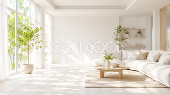 白いリビング背景イラスト｜自然光あふれる無料インテリア背景【高画質PNG】92987