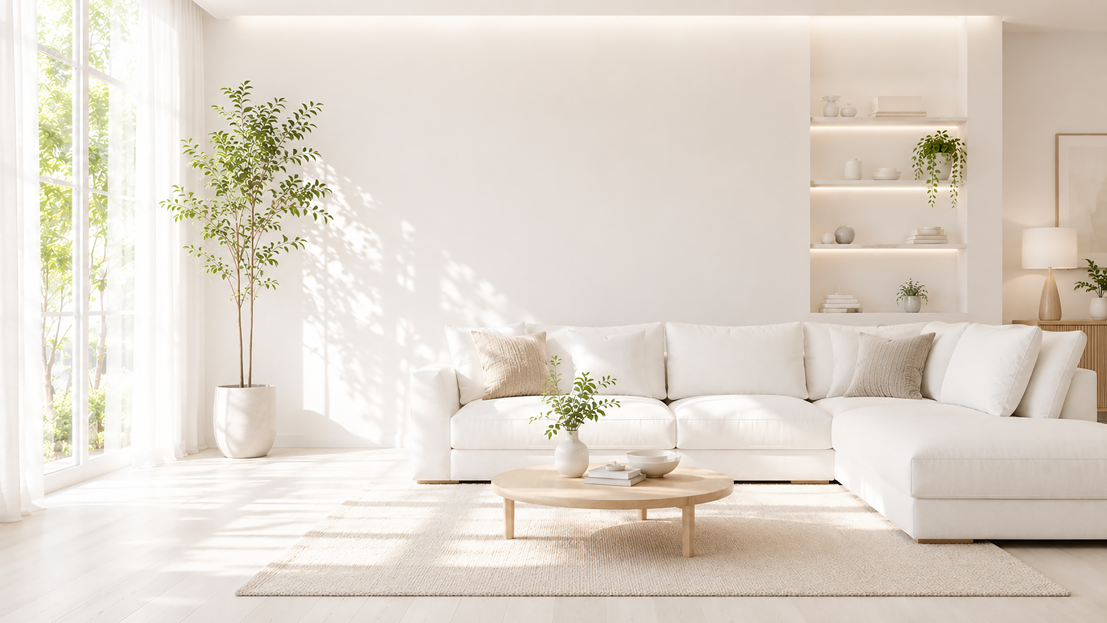 白いソファ背景イラスト｜上品なホワイトリビング背景【高画質PNG】92991に写真・文字を入れる