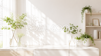 ガラスとグリーン背景イラスト｜爽やかな無料インテリア背景【高画質PNG】92992