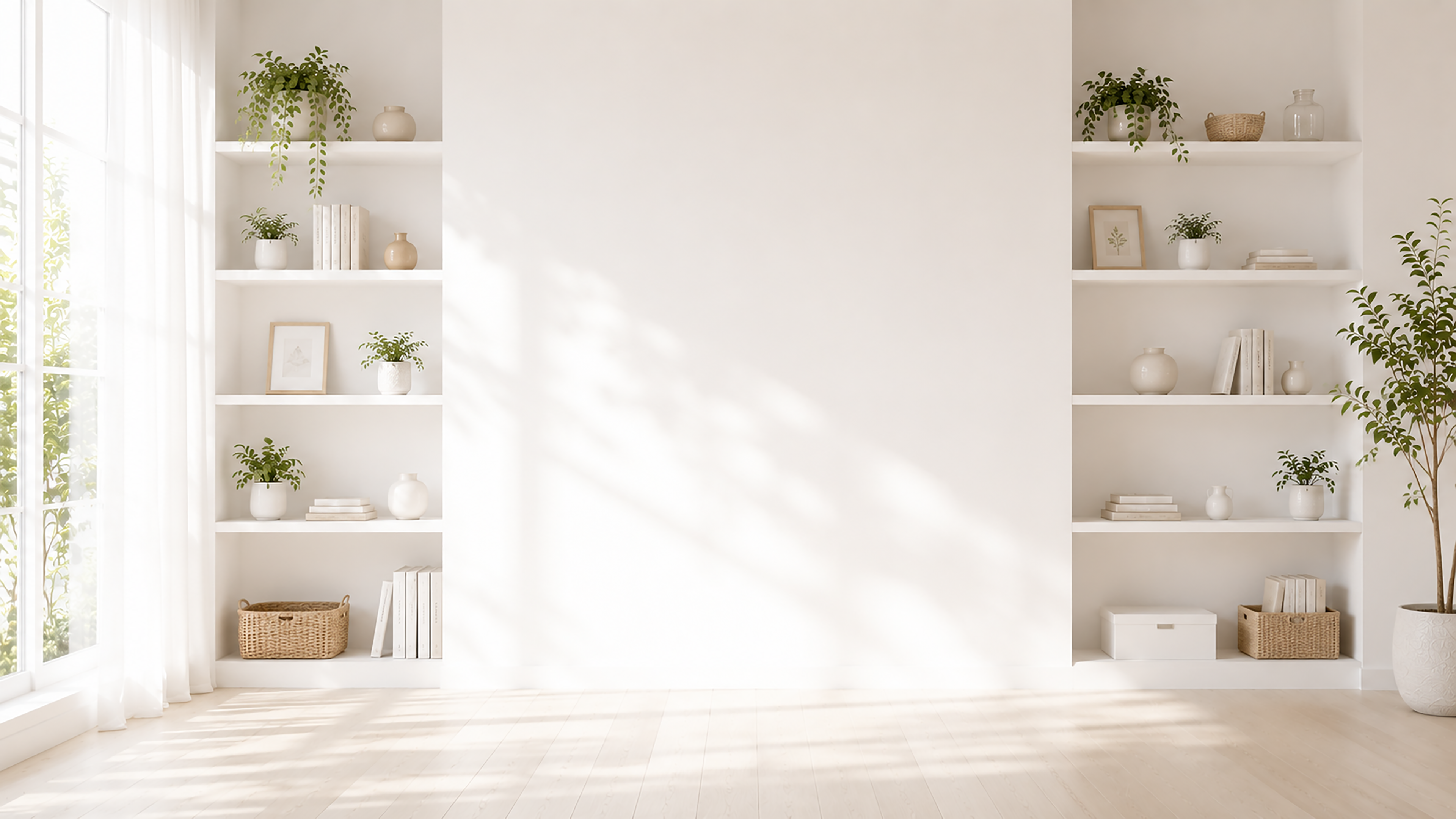 ナチュラルシェルフ背景イラスト｜植物と雑貨のおしゃれ背景【高画質PNG】92994に写真・文字を入れる