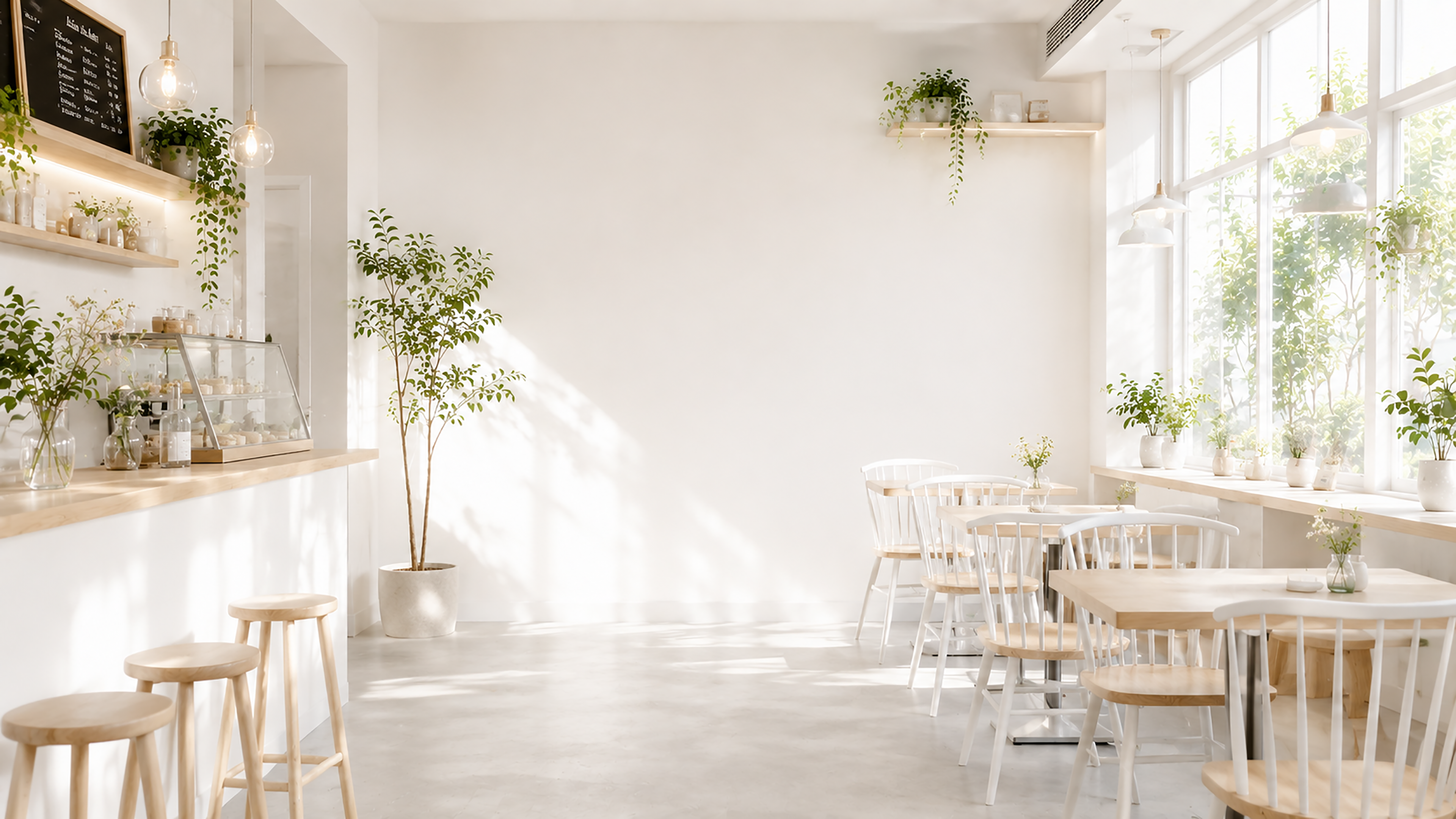 ホワイトカフェ背景イラスト｜明るく洗練された無料背景【高画質PNG】92995に写真・文字を入れる