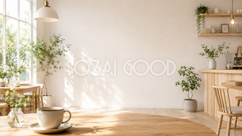 北欧カフェテーブル背景イラスト｜木目と自然光のおしゃれな無料背景【高画質PNG】93000