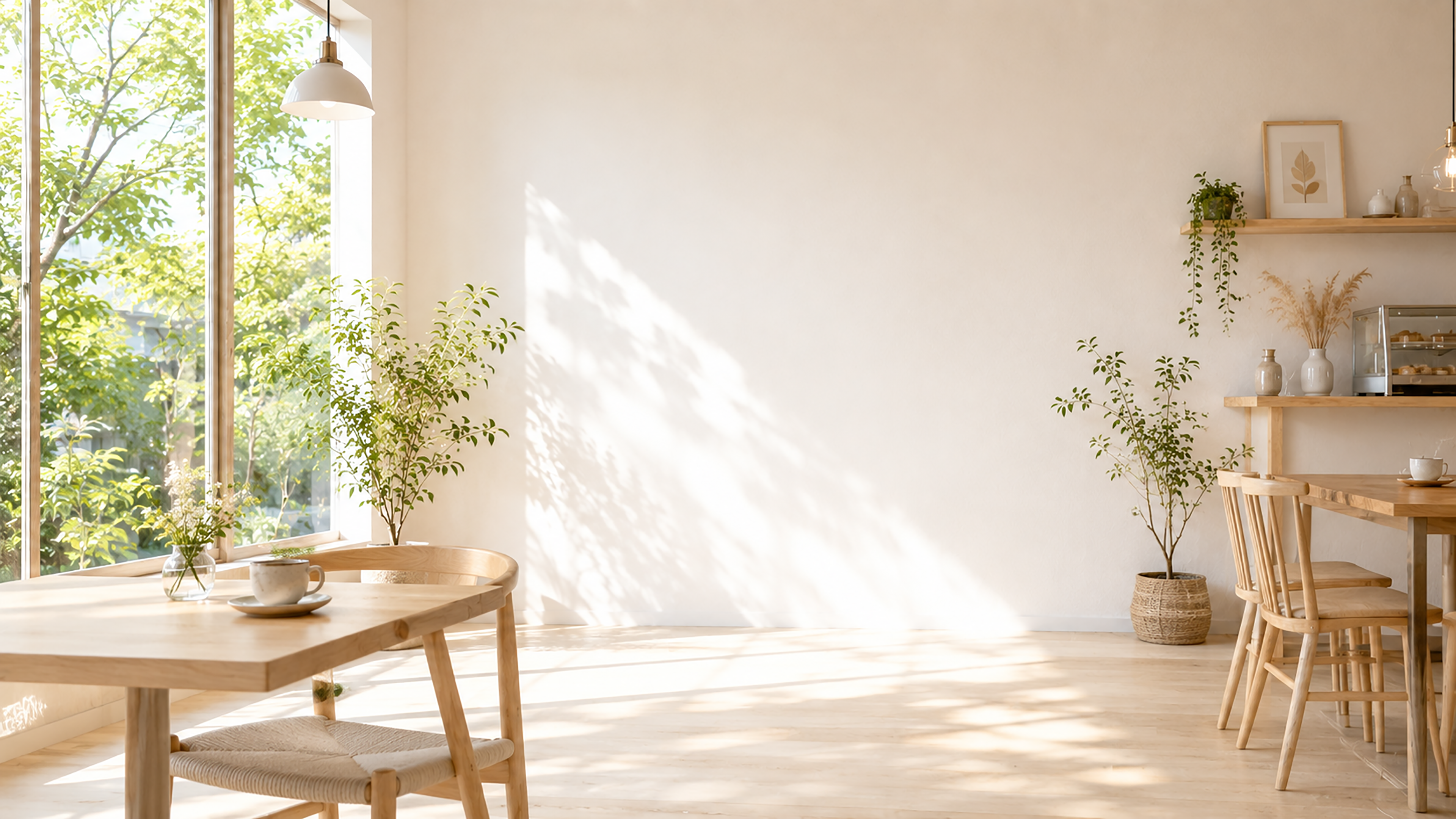 窓辺のカフェ席背景イラスト｜開放感ある北欧カフェ背景【高画質PNG】93001に写真・文字を入れる
