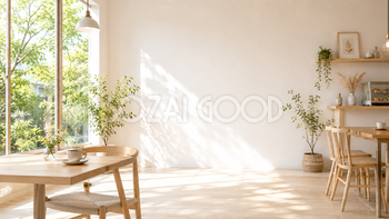 窓辺のカフェ席背景イラスト｜開放感ある北欧カフェ背景【高画質PNG】93001