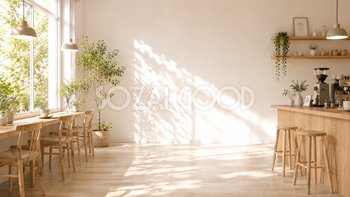 朝のカフェ背景イラスト｜自然光あふれる北欧カフェ背景【高画質PNG】93004