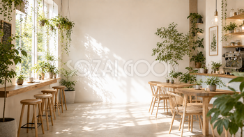 グリーンカフェ背景イラスト｜観葉植物が彩る無料カフェ背景【高画質PNG】93005