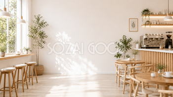 白と木目のカフェ背景イラスト｜北欧スタイルのおしゃれ背景【高画質PNG】93007