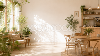 癒やしのカフェ空間背景イラスト｜木漏れ日とグリーンの無料背景【高画質PNG】93011