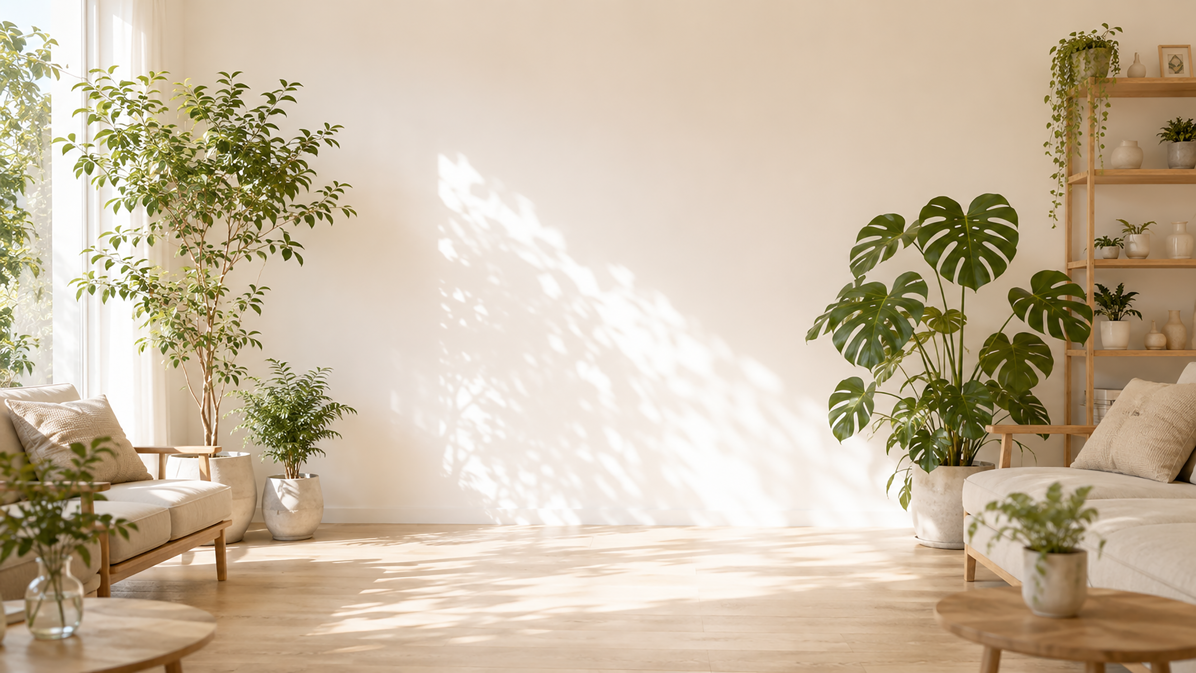 リビングと観葉植物背景イラスト｜明るいナチュラルインテリア【高画質PNG】93013に写真・文字を入れる