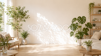 リビングと観葉植物背景イラスト｜明るいナチュラルインテリア【高画質PNG】93013