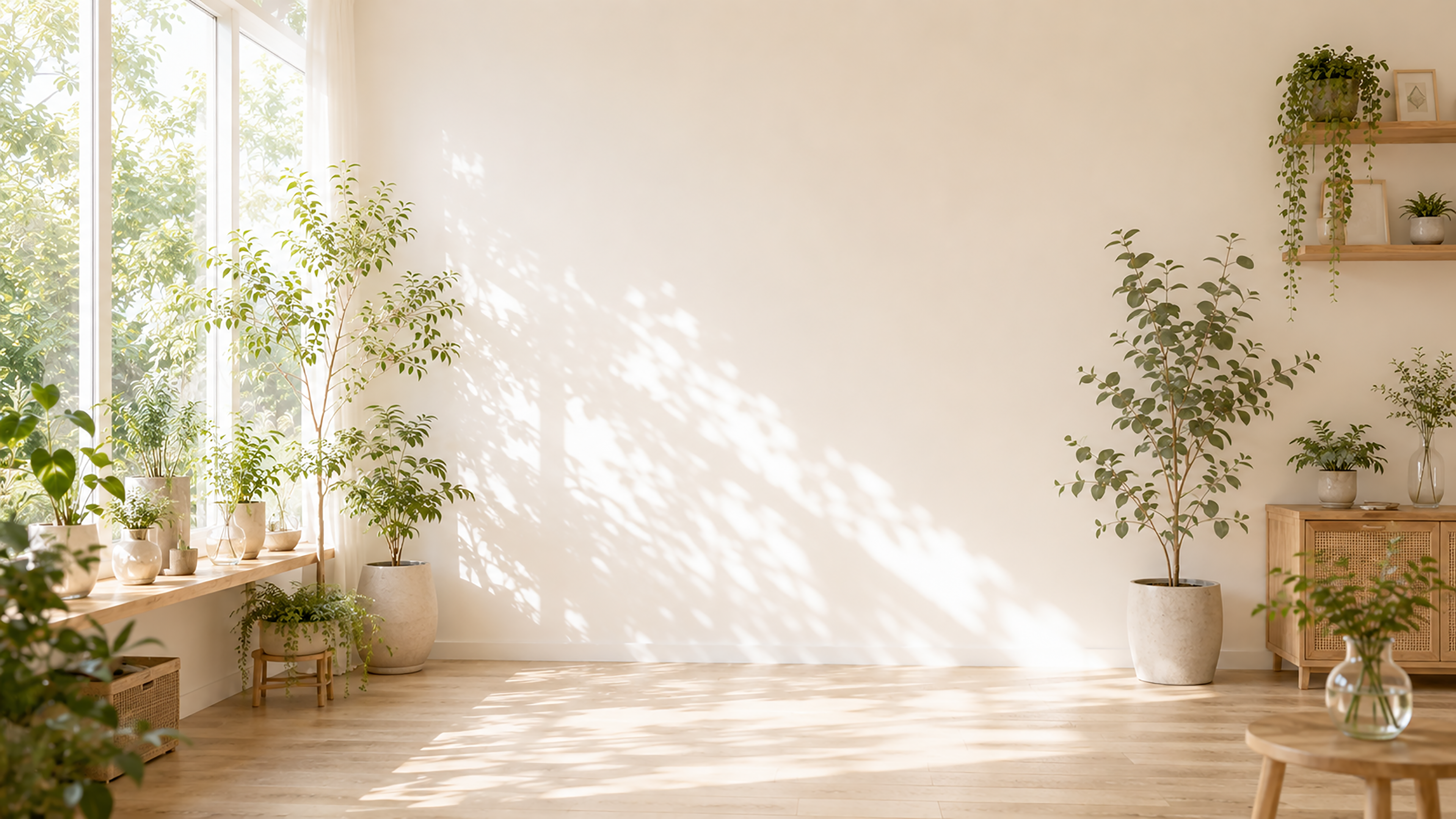 窓辺のグリーン背景イラスト｜自然光あふれる観葉植物インテリア【高画質PNG】93014に写真・文字を入れる