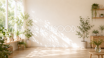 窓辺のグリーン背景イラスト｜自然光あふれる観葉植物インテリア【高画質PNG】93014