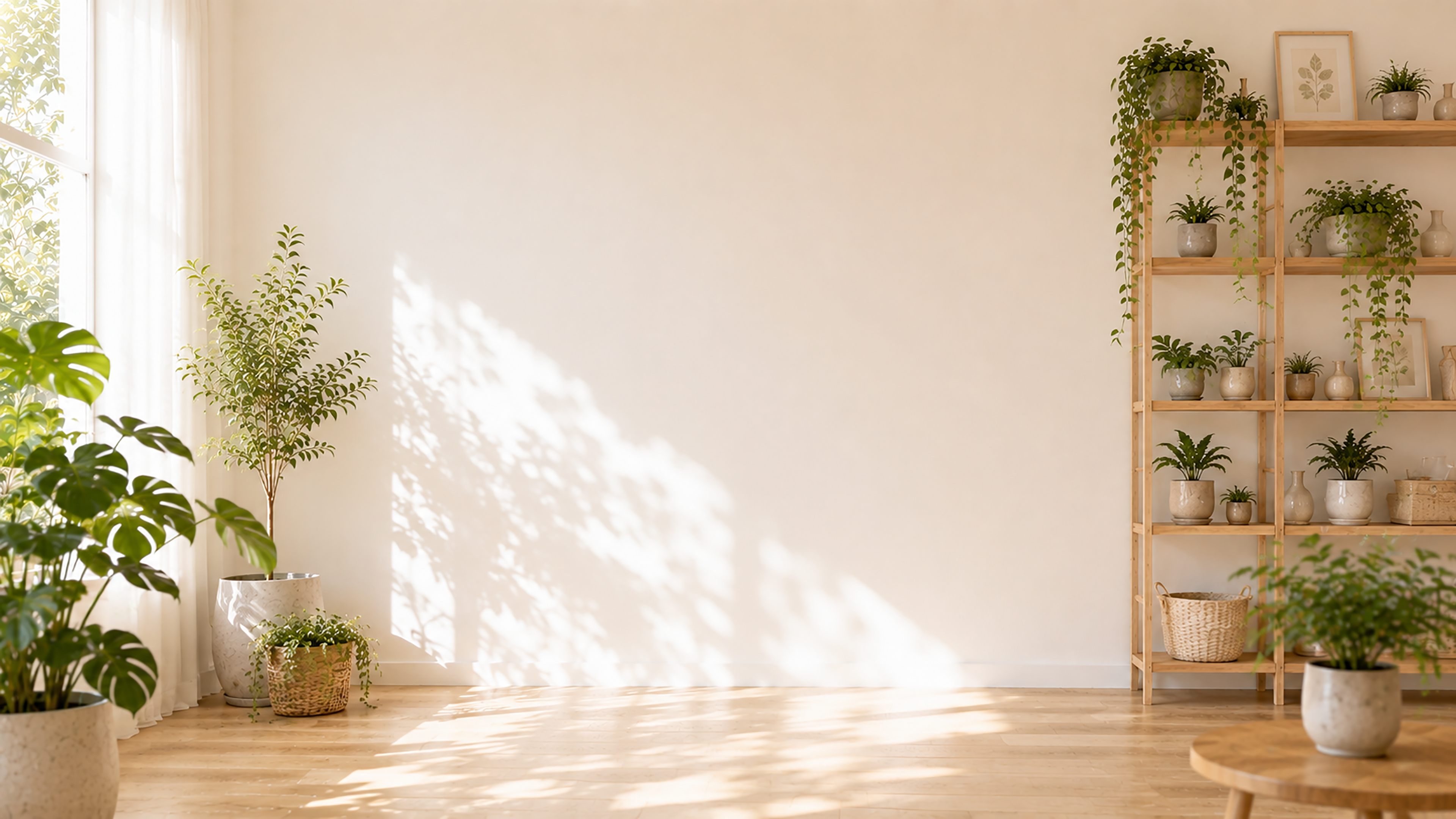 木製シェルフと植物背景イラスト｜ナチュラル収納インテリア【高画質PNG】93017に写真・文字を入れる