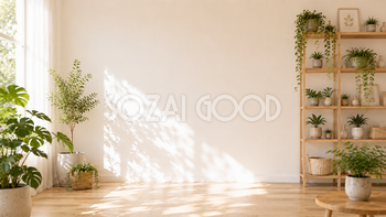 木製シェルフと植物背景イラスト｜ナチュラル収納インテリア【高画質PNG】93017