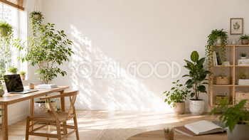 グリーンワークスペース背景イラスト｜植物に囲まれた仕事空間【高画質PNG】93022