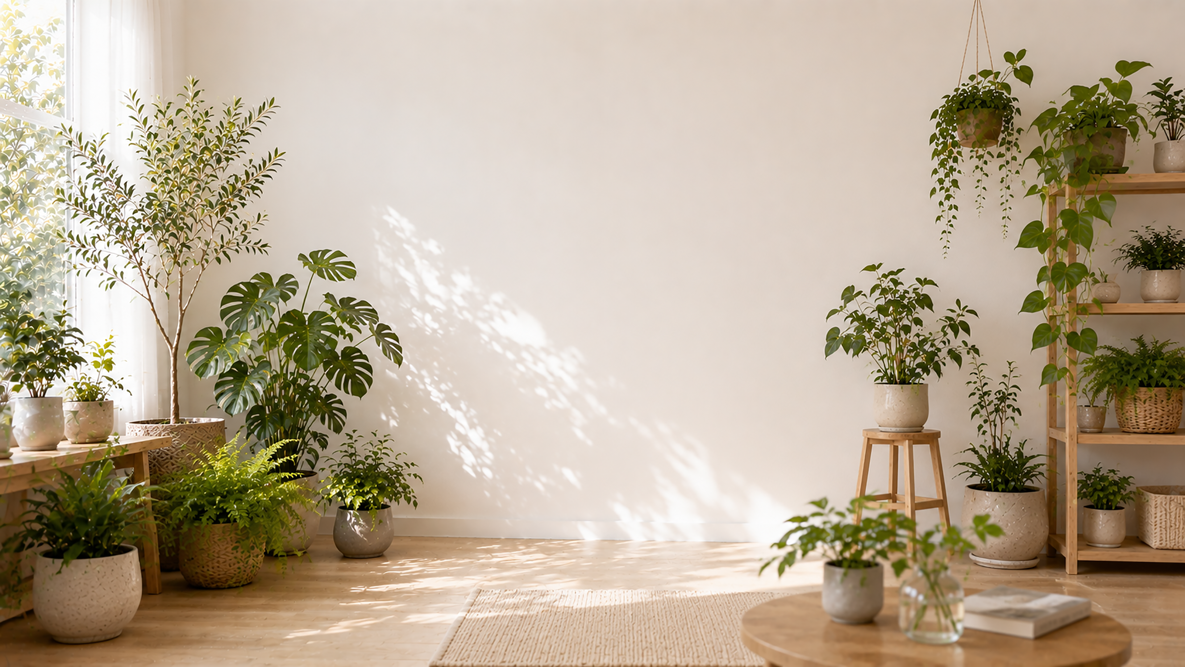 癒やしの植物コーナー背景イラスト｜ナチュラルグリーンの室内空間【高画質PNG】93023に写真・文字を入れる
