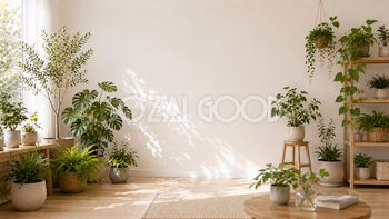 癒やしの植物コーナー背景イラスト｜ナチュラルグリーンの室内空間【高画質PNG】93023