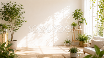 光あふれるボタニカルインテリア背景イラスト｜自然光と観葉植物の無料背景【高画質PNG】93024