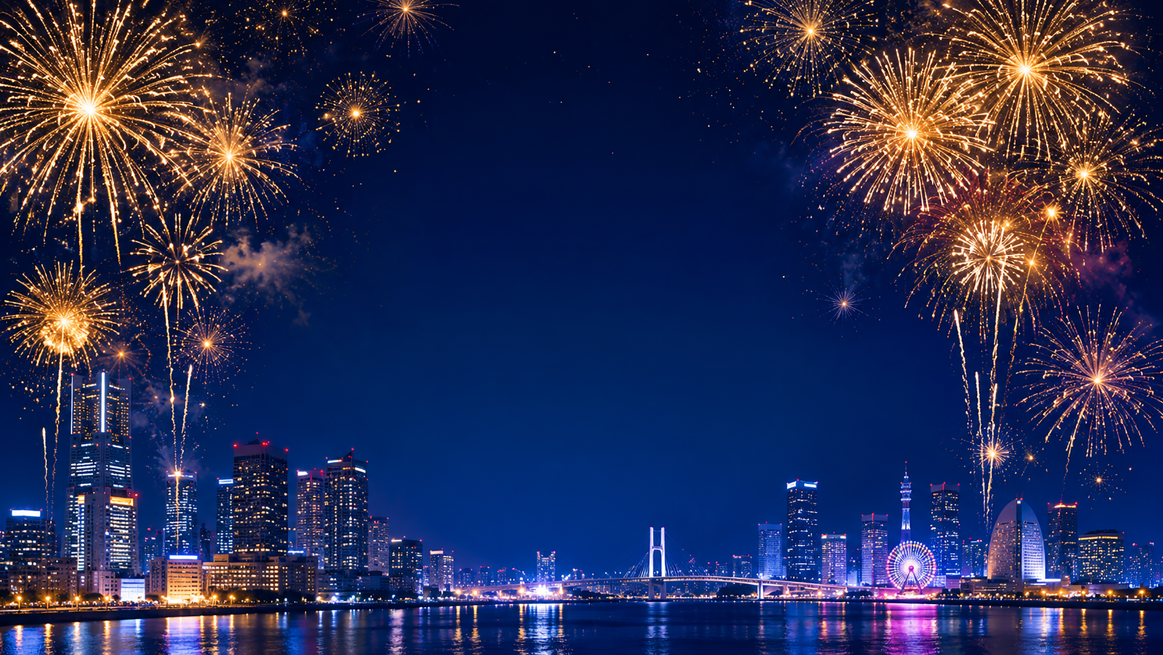 都会の夜景と花火背景【無料・高画質PNG】夏イベント・夜景イラスト93039に写真・文字を入れる