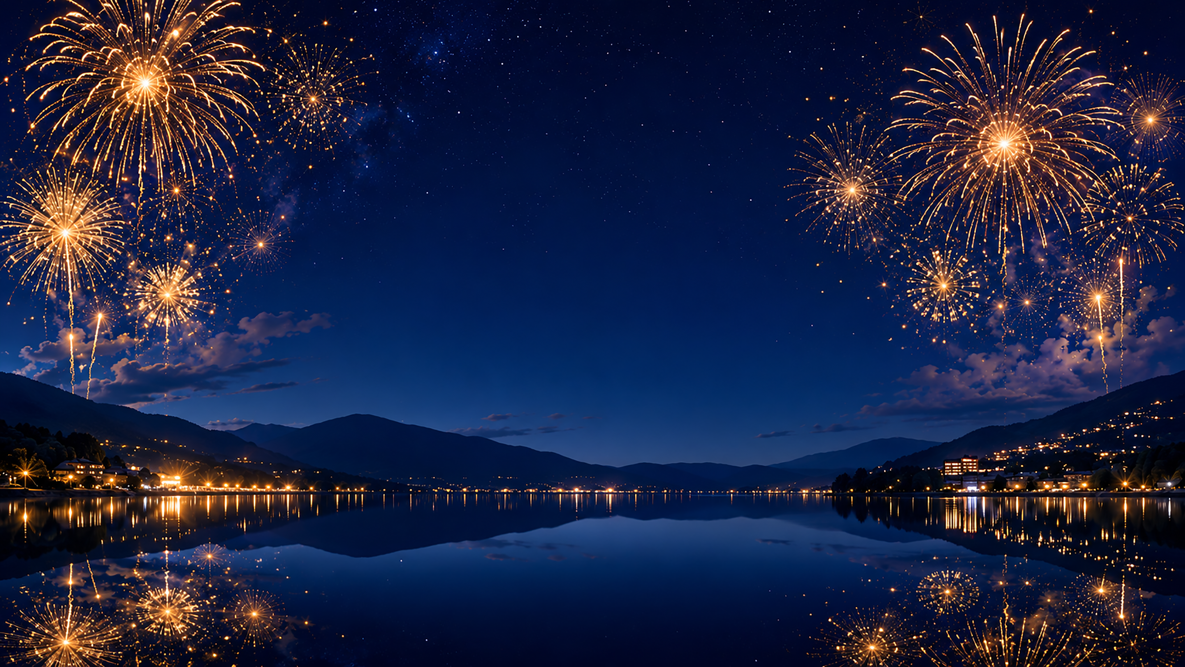 湖畔の花火背景【無料・高画質PNG】夜景・水面リフレクションイラスト93041に写真・文字を入れる