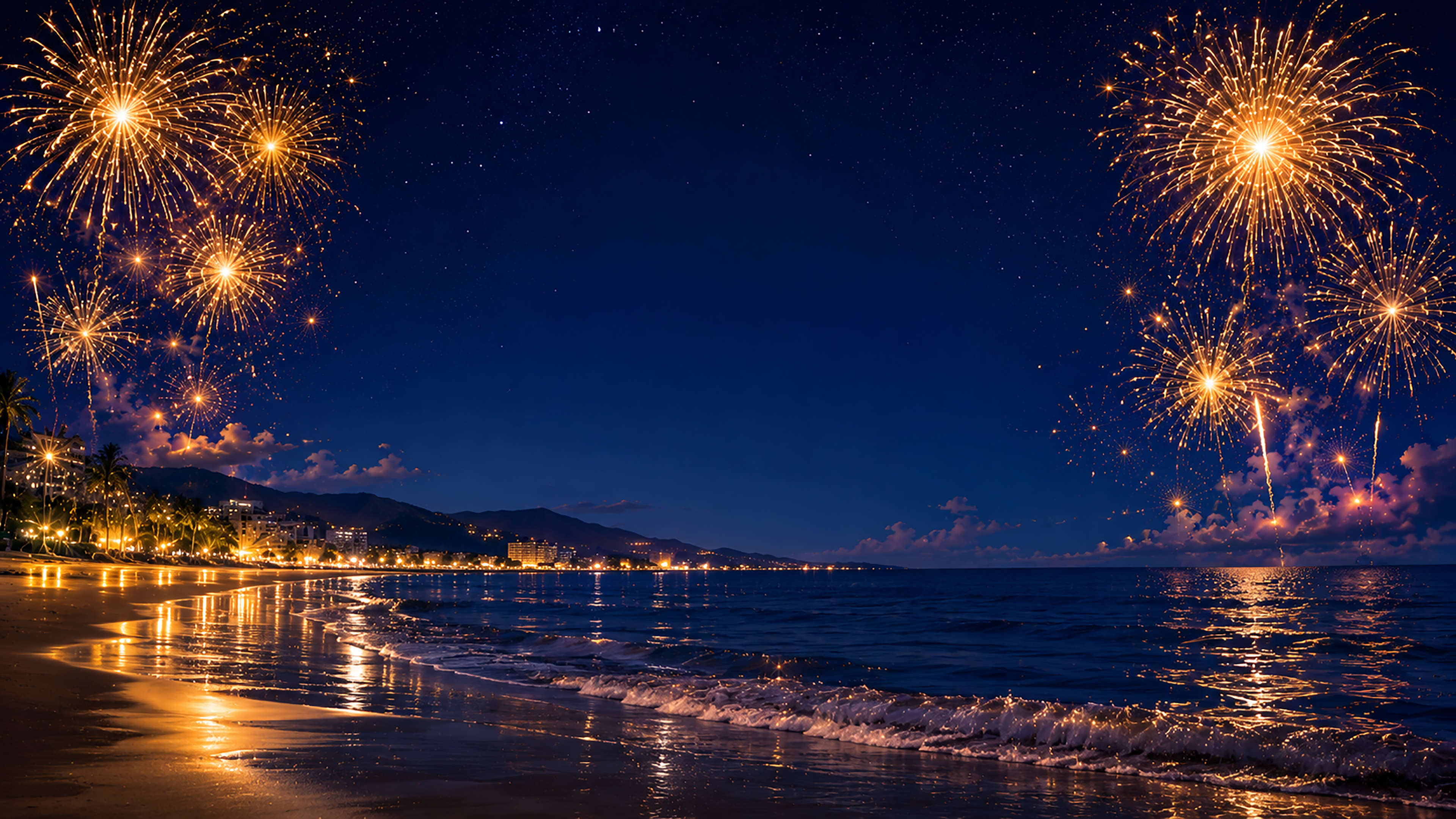 海辺の花火大会背景【無料・高画質PNG】夏の海・夜景イラスト93042に写真・文字を入れる
