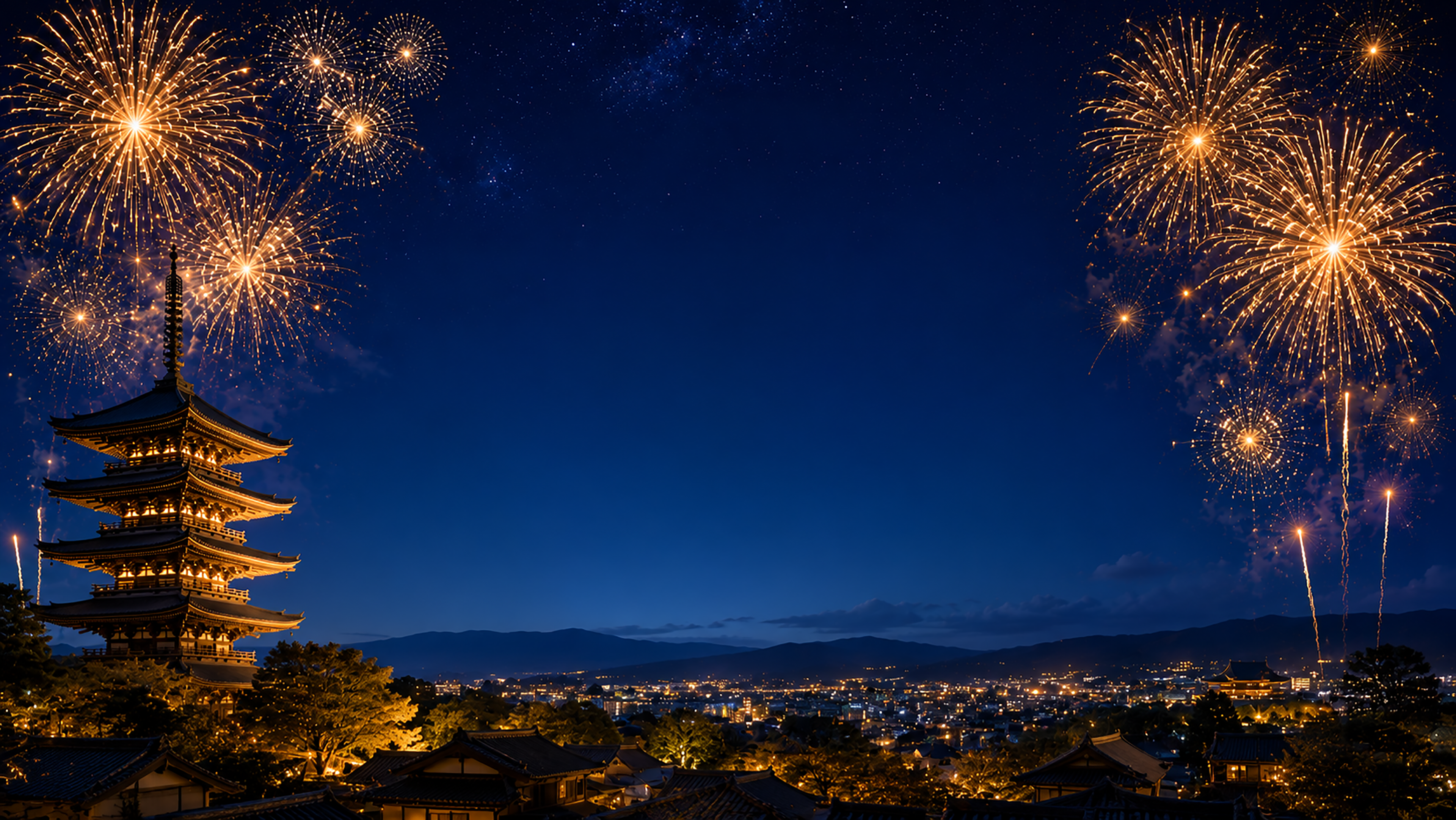 京都の五重塔と花火背景【無料・高画質PNG】和モダン夜景イラスト93043に写真・文字を入れる