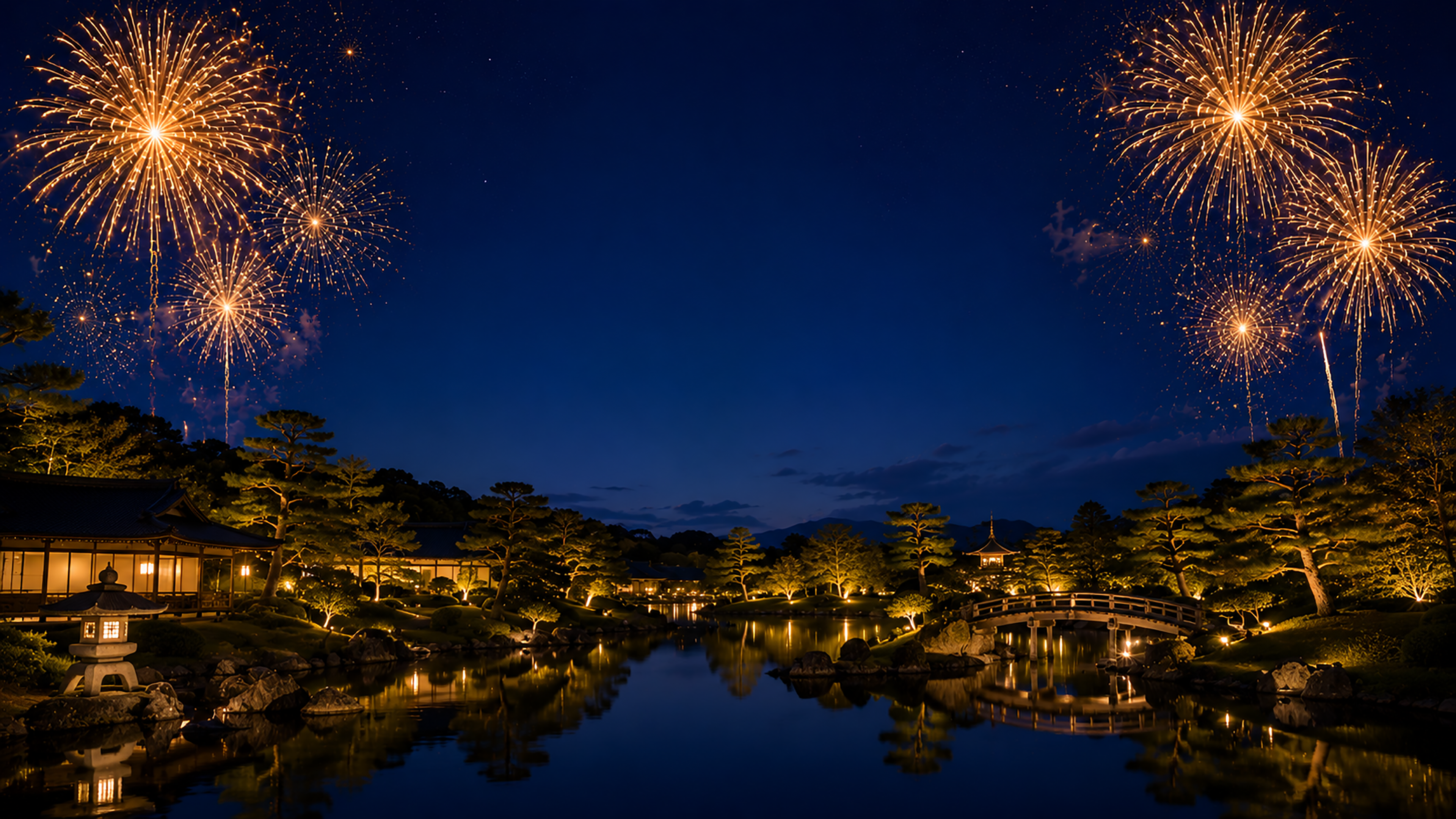日本庭園と花火背景【無料・高画質PNG】和風庭園イラスト93044に写真・文字を入れる