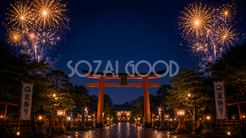 神社と花火背景【無料・高画質PNG】鳥居・夏祭りイラスト93045