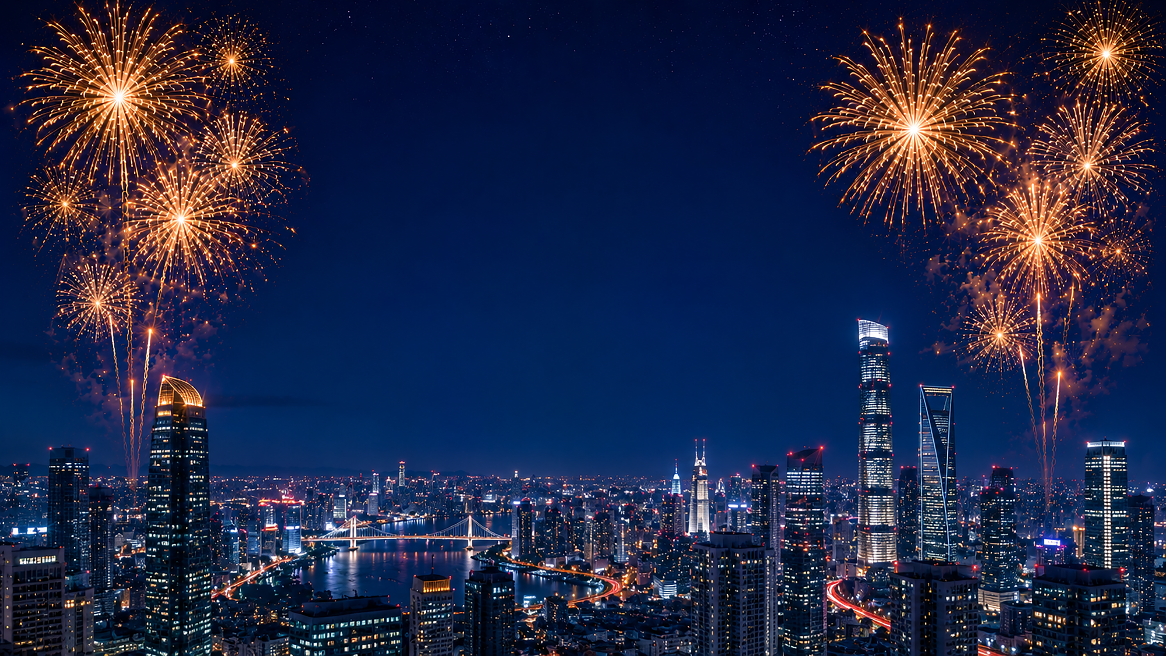高層ビルと花火背景【無料・高画質PNG】都会の夜景イラスト93047に写真・文字を入れる