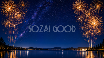 星空と花火背景【無料・高画質PNG】天の川・幻想的な夜景イラスト93048