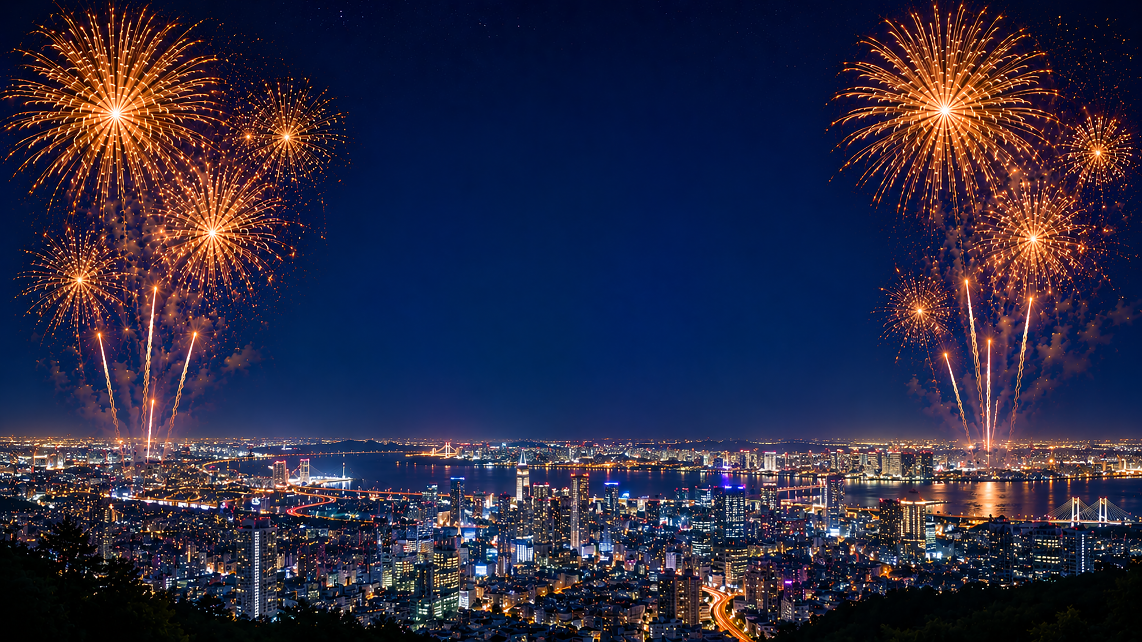 夜景パノラマ花火背景【無料・高画質PNG】花火大会・都市夜景イラスト93050に写真・文字を入れる