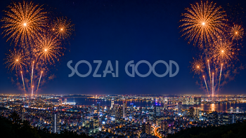 夜景パノラマ花火背景【無料・高画質PNG】花火大会・都市夜景イラスト93050