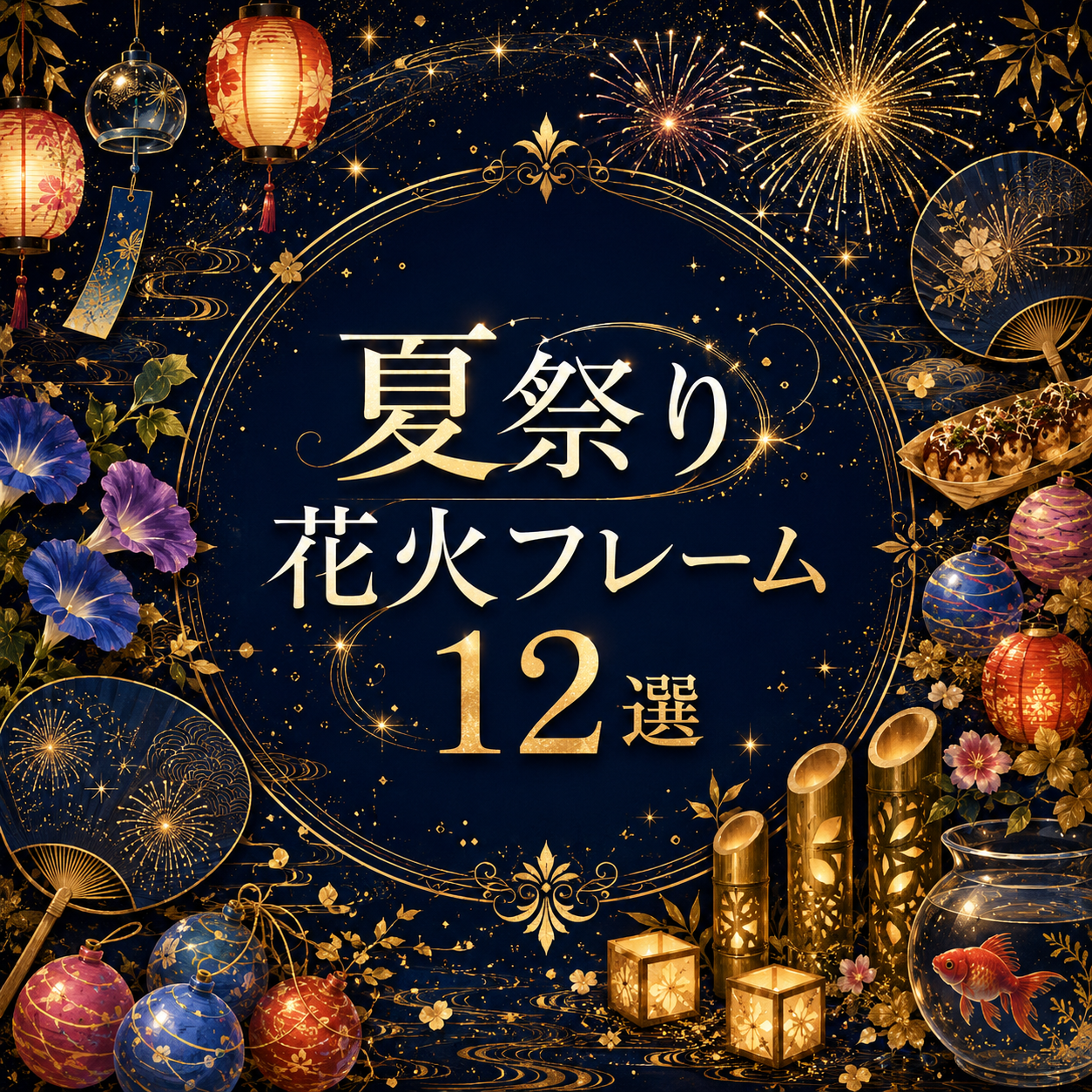 夏祭り花火フレーム12選【無料・高画質PNG】和風・エレガント・ラグジュアリーなデザイン素材93051に写真・文字を入れる