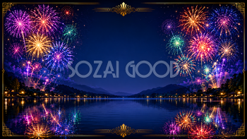 湖畔のカラフル花火背景【無料・高画質PNG】93079