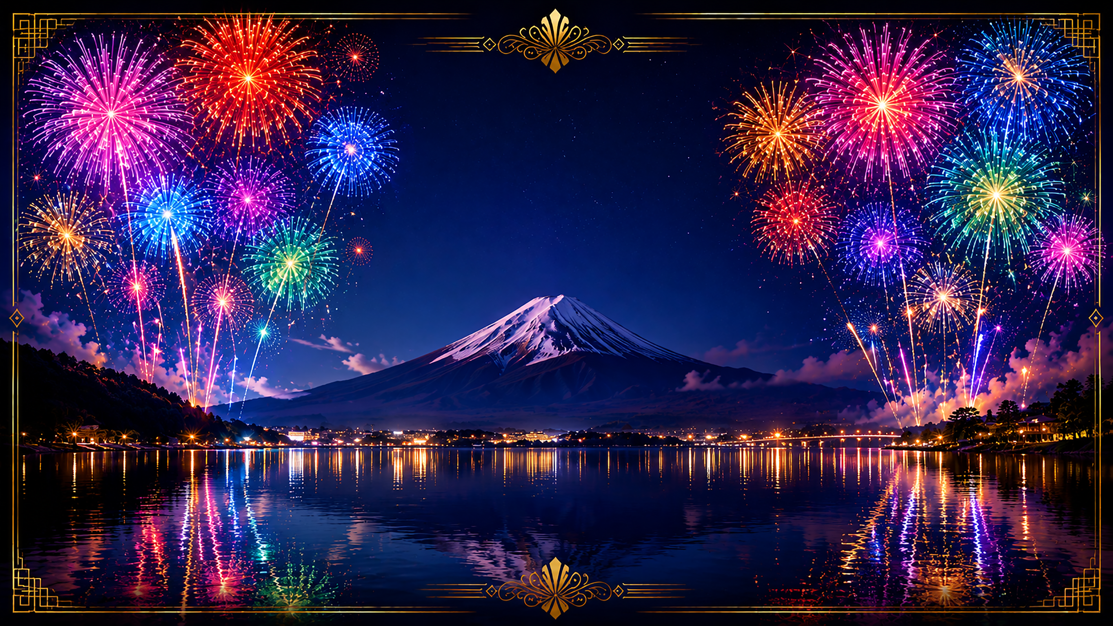富士山とカラフル花火背景【無料・高画質PNG】93081に写真・文字を入れる