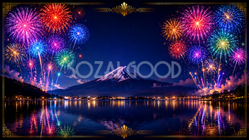 富士山とカラフル花火背景【無料・高画質PNG】93081