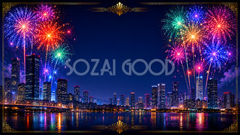 都会の夜景とカラフル花火背景【無料・高画質PNG】93082